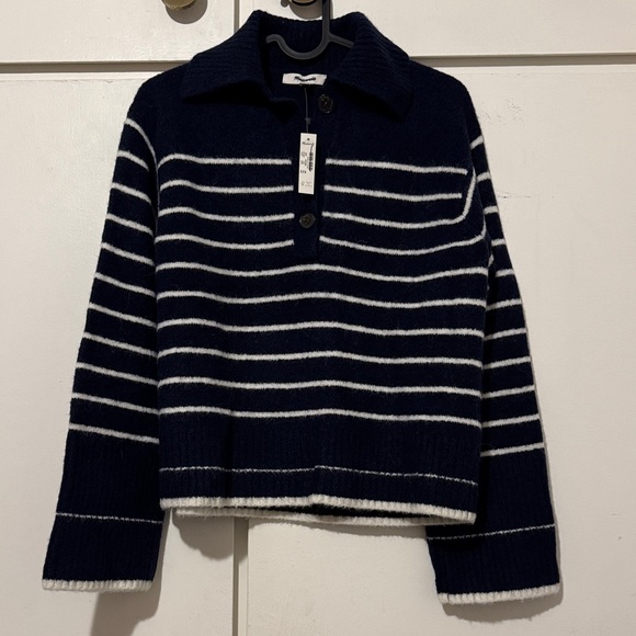 Madewell Navy and White Striped Collared Pullover Sweater - Picture 5 of 10
